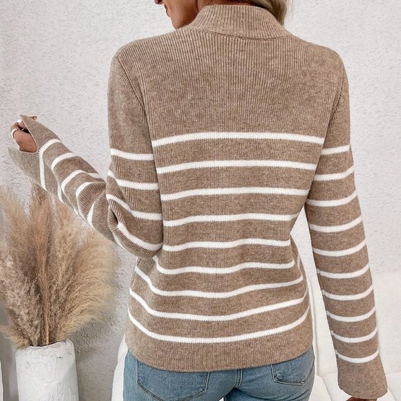 Apricot Casual Womens Striped Pattern Drop Shoulder Sweater - Picture 2 of 5